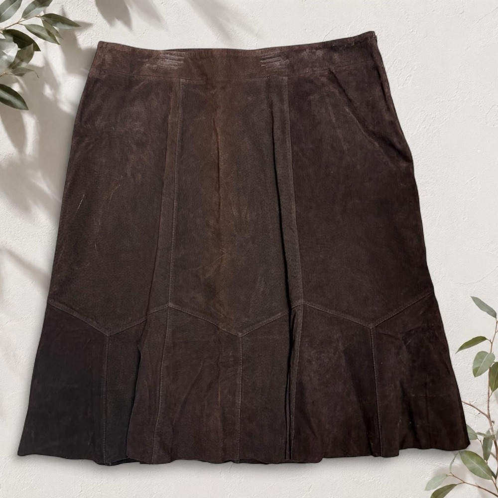 Russell Kemp Brown Suede Leather Geometric Paneled Midi Skirt 16 Western Boho